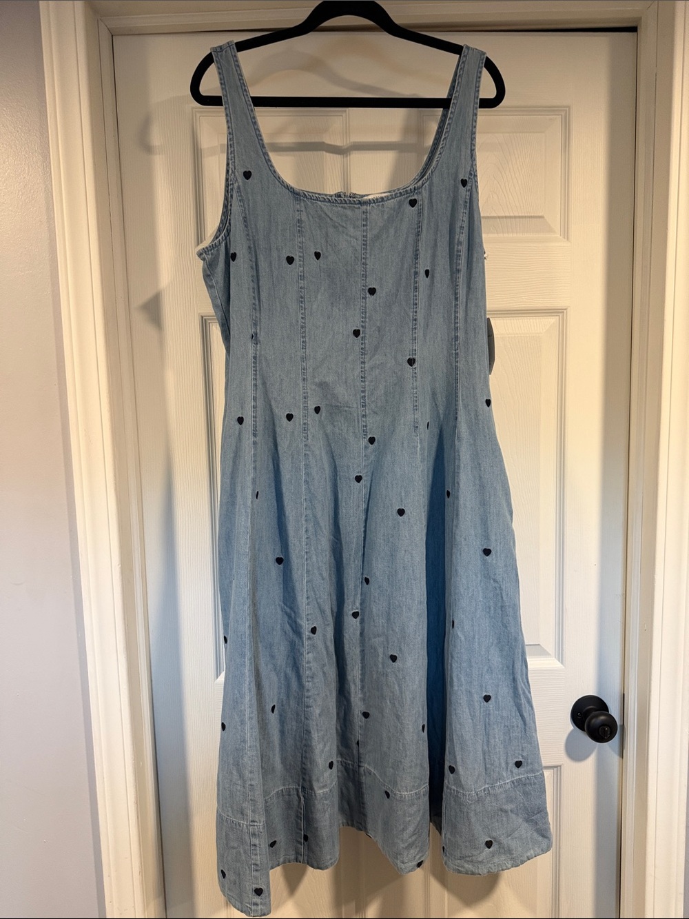 Light Blue Denim Midi Dress with Black Heart Embroidery